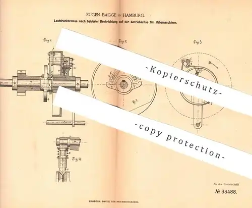 original Patent - Eugen Bagge , Hamburg , 1885 , Lastdruckbremse für Hebezeuge | Fahrstuhl | Bremse | Aufzug !!!
