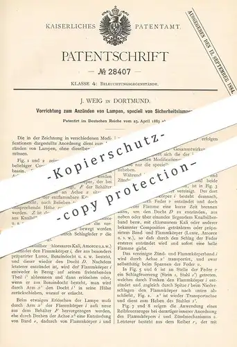 original Patent - J. Weig , Dortmund , 1883 , Anzünden von Lampen | Zünder , Lampe , Brenner , Licht | Knallsilber !!