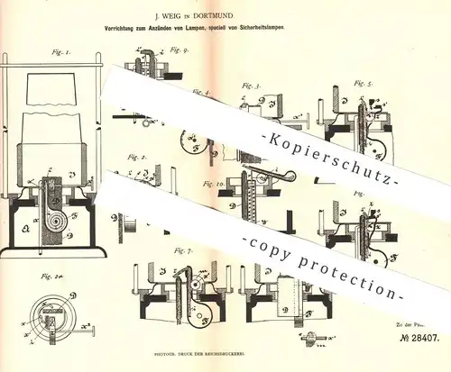 original Patent - J. Weig , Dortmund , 1883 , Anzünden von Lampen | Zünder , Lampe , Brenner , Licht | Knallsilber !!