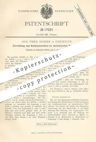 original Patent - Aug. Ferd. Sicker , Chemnitz , 1881 , Schützenwechsel am mechan. Webstuhl | Weben , Weber !!!