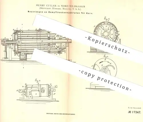 original Patent - Henry Cutler , Nord Wilbraham , Hampden , Massachusetts , USA , 1881 , Dampftrockenapparat für Korn