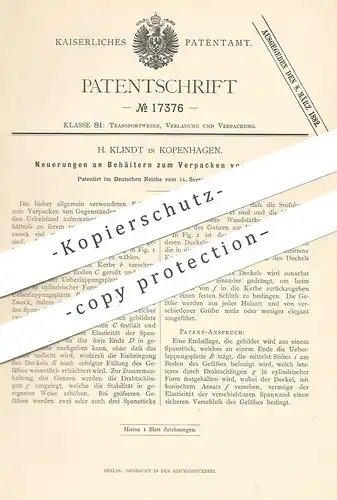 original Patent - H. Klindt , Kopenhagen , Dänemark , 1881 , Behälter zum Verpacken von Waren | Transport !!