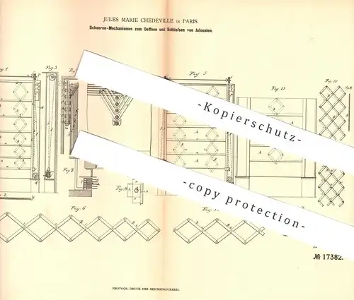 original Patent - Jules Marie Chedeville , Paris , Frankreich , 1881 , Scheren - Mechanik für Jalousien | Schere !!