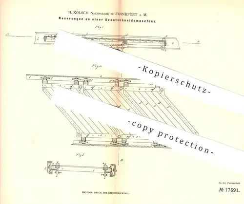 original Patent - H. Kölsch Nachf. , Frankfurt / Main , 1881 , Krautschneidemaschine | Kraut , Schneidemaschine | Messer