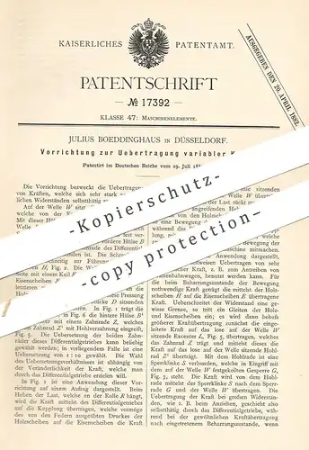 original Patent - Julius Boeddinghaus , Düsseldorf  1881 , Übertragung variabler Kraft | Kraftmaschine , Motor , Motoren