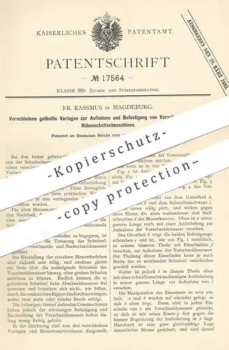 original Patent - Fr. Rassmus , Magdeburg , 1881 , Vorschnittmesser für Rübenschnitzelmaschinen | Rüben | Messer !!!
