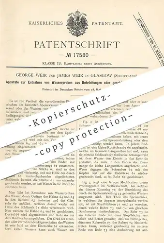 original Patent - George Weir , James Weir , Glasgow , Schottland , 1881 , Entnahme von Wasserproben aus Rohrleitungen