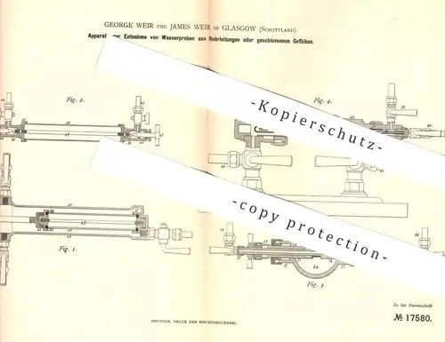 original Patent - George Weir , James Weir , Glasgow , Schottland , 1881 , Entnahme von Wasserproben aus Rohrleitungen