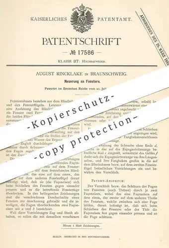 original Patent - August Rincklake , Braunschweig , 1881 , Fenster | Fensterbauer , Tischler , Fensterflügel , Tür !!!