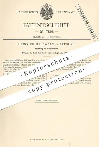 original Patent - Heinrich Hauswalt , Breslau , 1881 , Rolljalousie | Rollo , Jalousie , Vorhang , Gardine , Jalousien