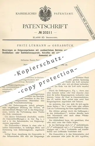 original Patent - Fritz Lürmann , Osnabrück , 1882 , Entgasungsraum | Gas , Koksofen , Ofen , Teer , Desitllation !!!