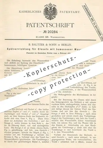 original Patent - B. Baltzer & Sohn , Berlin , 1882 , Spülung für Kloset , WC , Toilette | Klempner !!!