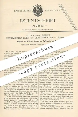 original Patent - AG Düsseldorfer Eisen- u. Drahtindustrie , Düsseldorf , 1882 , Walzen , Richten , Aufwickeln von Draht