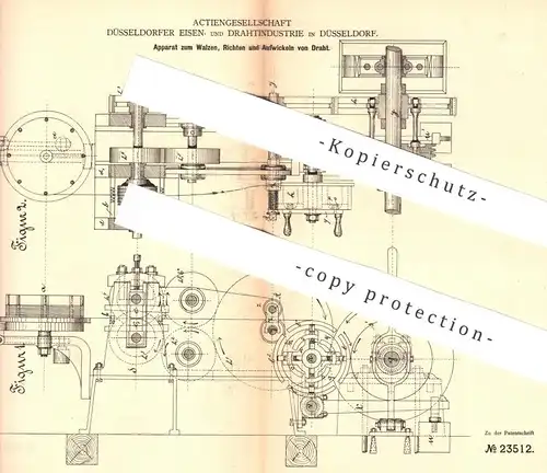 original Patent - AG Düsseldorfer Eisen- u. Drahtindustrie , Düsseldorf , 1882 , Walzen , Richten , Aufwickeln von Draht