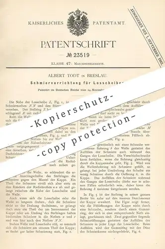 original Patent - Albert Todt , Breslau , 1882 , Schmiervorrichtung für Losscheiben | Losscheibe - Nabe | Welle !!