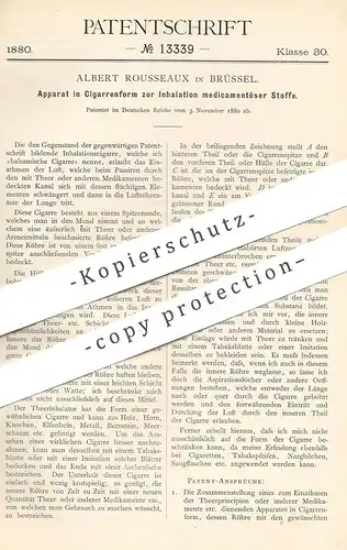 original Patent - Albert Rousseaux , Brüssel  1880 , Apparat in Zigarrenform zur Inhalation von Medizin | Arzt | Zigarre