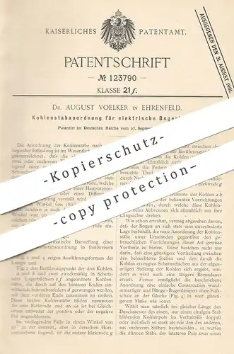 original Patent - Dr. August Voelker , Köln / Ehrenfeld , 1900 , Kohlenstabanordnung für elektrische Bogenlampen | Lampe