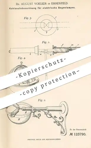 original Patent - Dr. August Voelker , Köln / Ehrenfeld , 1900 , Kohlenstabanordnung für elektrische Bogenlampen | Lampe