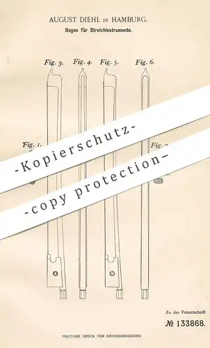 original Patent - August Diehl , Hamburg , 1901 , Bogen für Streichinstrumente | Musikinstrument | Geige , Violine !!