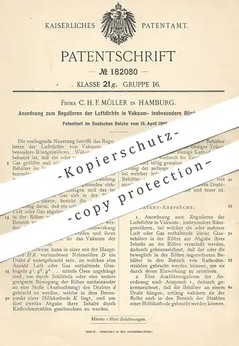 original Patent - C. H. F. Müller , Hamburg , 1906 , Regulieren der Luftdichte in Vakuum- insbesondere Röntgenröhren !!!