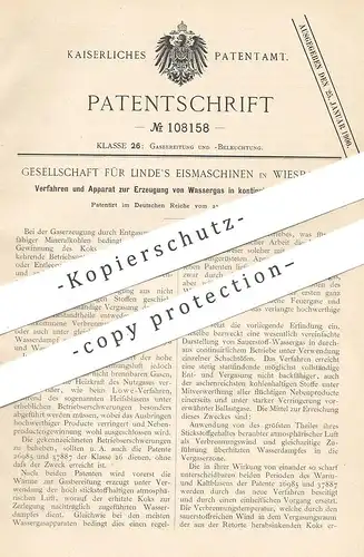 original Patent - Gesellschaft für Linde's Eismaschinen , Wiesbaden , 1898 , Erzeugung v. Wassergas | Gas , Koks , Kohle