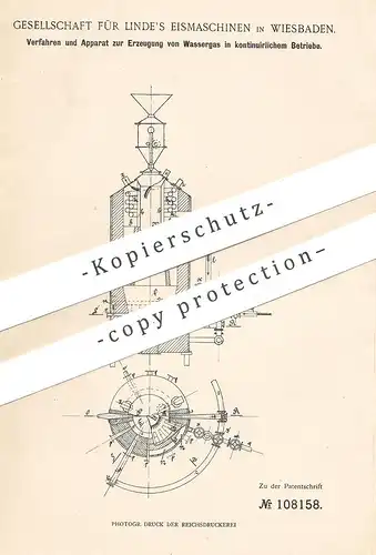 original Patent - Gesellschaft für Linde's Eismaschinen , Wiesbaden , 1898 , Erzeugung v. Wassergas | Gas , Koks , Kohle