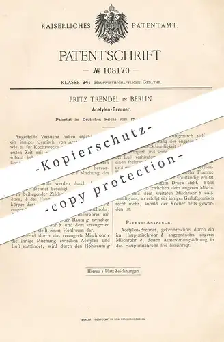 original Patent - Fritz Trendel , Berlin , 1899 , Acetylen - Brenner | Gasbrenner | Gas , Herd , Koch , Kochen !!!