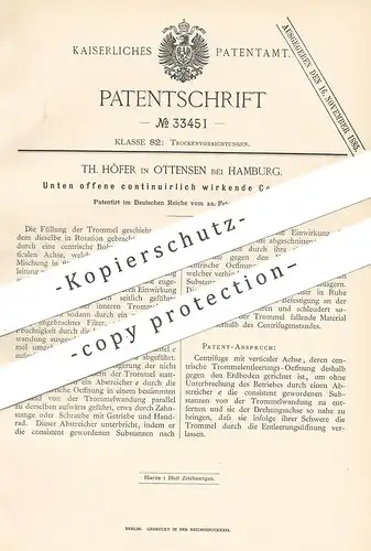original Patent - Th. Höfer , Hamburg / Ottensen , 1885 , Unten offene kontinuierlich wirkende Zentrifuge | Zentrifugen