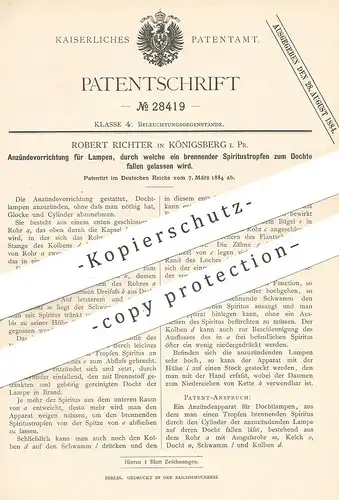 original Patent - Robert Richter , Königsberg / Preussen , 1884 , Anzünder für Lampen | Lampe , Brenner , Spiritus !!!