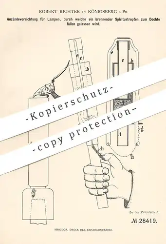 original Patent - Robert Richter , Königsberg / Preussen , 1884 , Anzünder für Lampen | Lampe , Brenner , Spiritus !!!