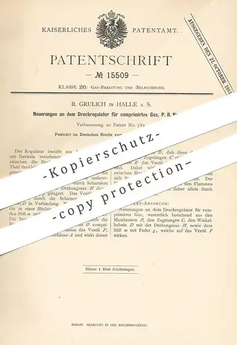 original Patent - R. Grulich , Halle / Saale , 1880 , Druckregulator für komprimiertes Gas | Regulator | Gasbrenner !!!