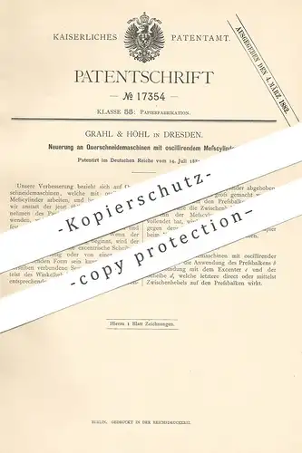 original Patent - Grahl & Höhl , Dresden  1881 , Papier - Schneidemaschine mit oszillierendem Meßzylinder | Papierfabrik