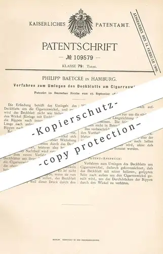 original Patent - Philipp Baetcke , Hamburg 1898 , Umlegen der Deckblätter am Zigarrenwickel | Zigarre , Tabak , Rauchen