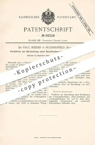 original Patent - Dr. Paul Seidler , Huddersfield , England , 1889 , Darst. von Disulfosäure der alpha - Oxynaphtoësäure