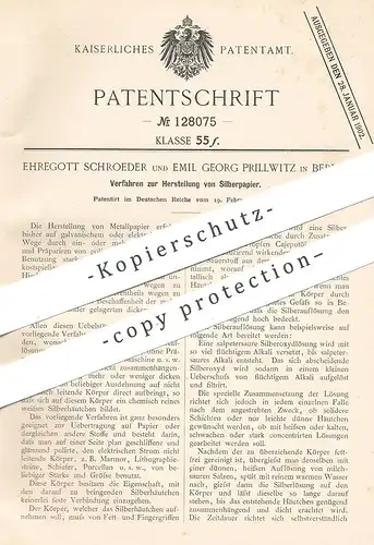 original Patent - Ehregott Schroeder , Emil Georg Prillwitz , Berlin , 1901 , Herst. von Silberpapier | Silber , Metall