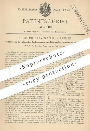 original Patent - Rudolph Grevenberg , Bremen , 1885 , Reinigungsmasse zum Entschwefeln von Gas | Chemie | Schwefel !!
