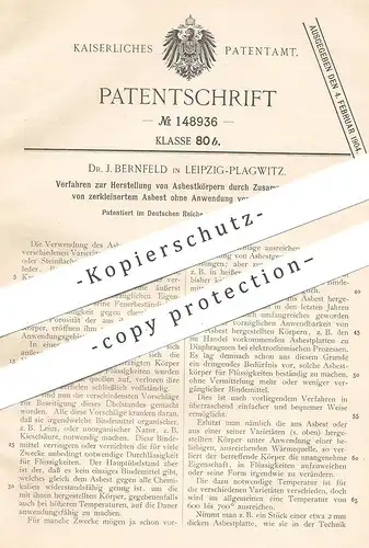 original Patent - Dr. J. Bernfeld , Leipzig / Plagwitz , 1901 , Herstellung von Asbestkörper ohne Bindemittel | Asbest !