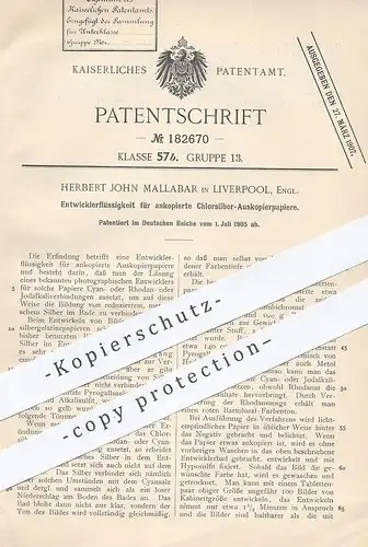 original Patent - Herbert John Mallabar , Liverpool England 1905 , Entwicklerflüssigkeit für Chlorsilber Auskopierpapier