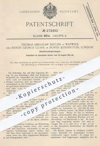 original Patent - Thomas Abraham Bayliss , Warwick , Byron George Clark , Kensington , London , Aluminium - Legierung