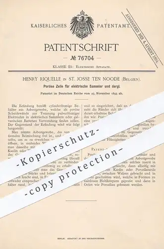 original Patent - Henry Riquelle , St. Josse ten Noode , Belgien , 1893 , Poröse Zelle für elektrische Sammler | Strom