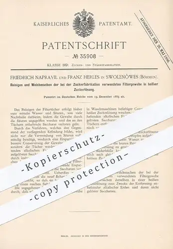 original Patent - Fr. Napravil , Franz Herles , Swolenowes , Böhmen , 1885 , Reinigung von Filtergewebe in Zuckerlösung