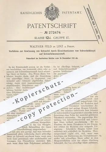 original Patent - Walther Feld , Linz / Rhein , 1911 , Gewinnung von Schwefel durch Schwefeldioxyd | Chemie !!