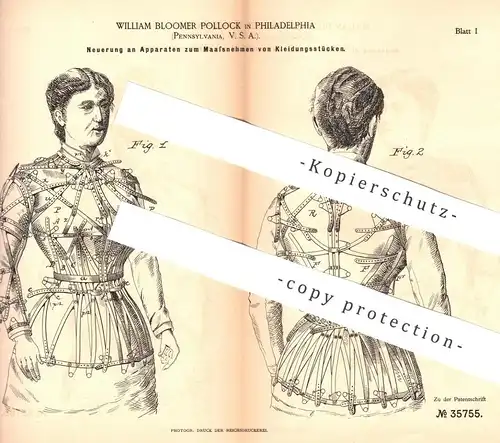 original Patent - William Bloomer Pollock , Philadelphia , Pennsylv.  USA , 1885 , Korsett , Korset , corset | Schneider