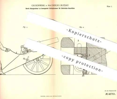 original Patent - Grusonwerk , Magdeburg / Buckau 1888 , Schlaghammer für Hinterlade Geschütz | Waffen , Gewehr , Kanone