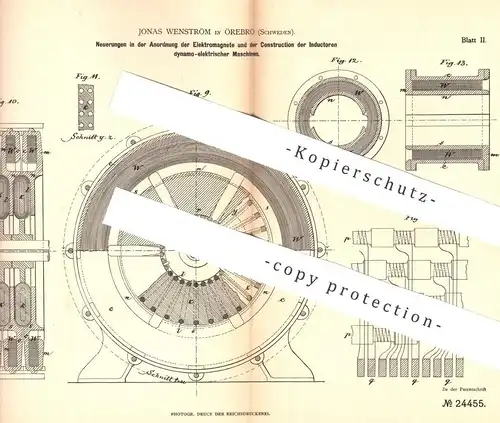 original Patent - Jonas Wenström , Örebro , Schweden , 1882 , Elektromagnet u. dynamo - elektrische Maschinen | Strom !!