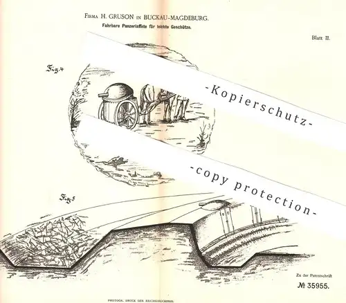 original Patent - H. Gruson , Magdeburg Buckau , 1885 , Fahrbare Panzerlaffete für Geschütz | Panzer , Laffete , Militär