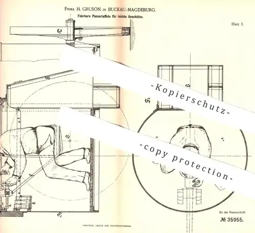 original Patent - H. Gruson , Magdeburg Buckau , 1885 , Fahrbare Panzerlaffete für Geschütz | Panzer , Laffete , Militär