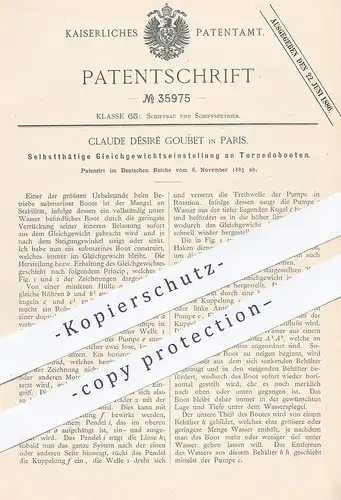 original Patent - Claude Désiré Goubet , Paris , Frankreich , 1885 , Gleichgewichtseinstellung am Torpedoboot | Torpedo