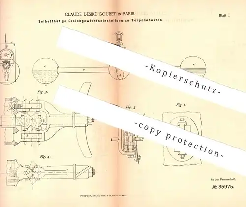 original Patent - Claude Désiré Goubet , Paris , Frankreich , 1885 , Gleichgewichtseinstellung am Torpedoboot | Torpedo