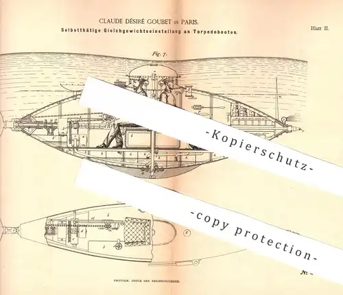 original Patent - Claude Désiré Goubet , Paris , Frankreich , 1885 , Gleichgewichtseinstellung am Torpedoboot | Torpedo